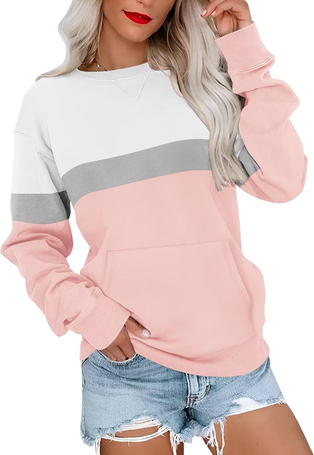 Womens Long Sleeve Sweatshirts Casual Crewneck Cute Pullover Tops Lightweight Sweatshirt with Pocket 2025