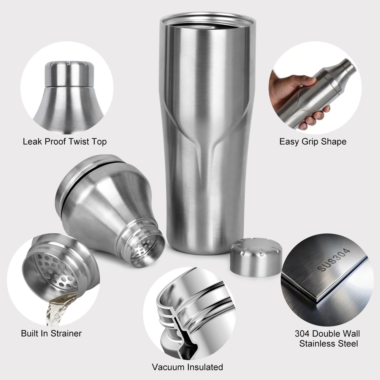 Lexenic Shaker à cocktail de 710 ml – Double paroi isotherme pour garder les boissons au frais – Couvercle torsadé anti-coincement, étanche et passoire intégrée – Parfait pour bar à domicile – Shaker