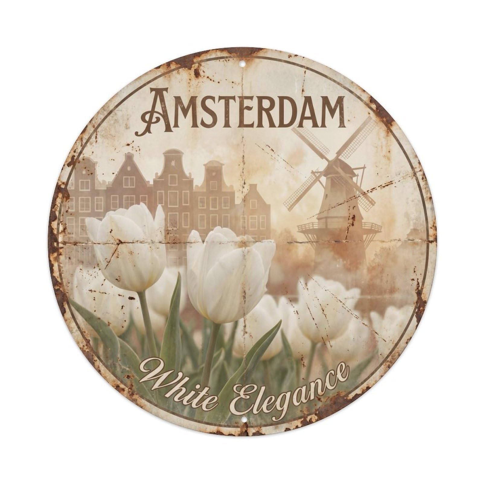 Vintage Travel Amsterdam White Tulips Metal Tin Sign Plaque