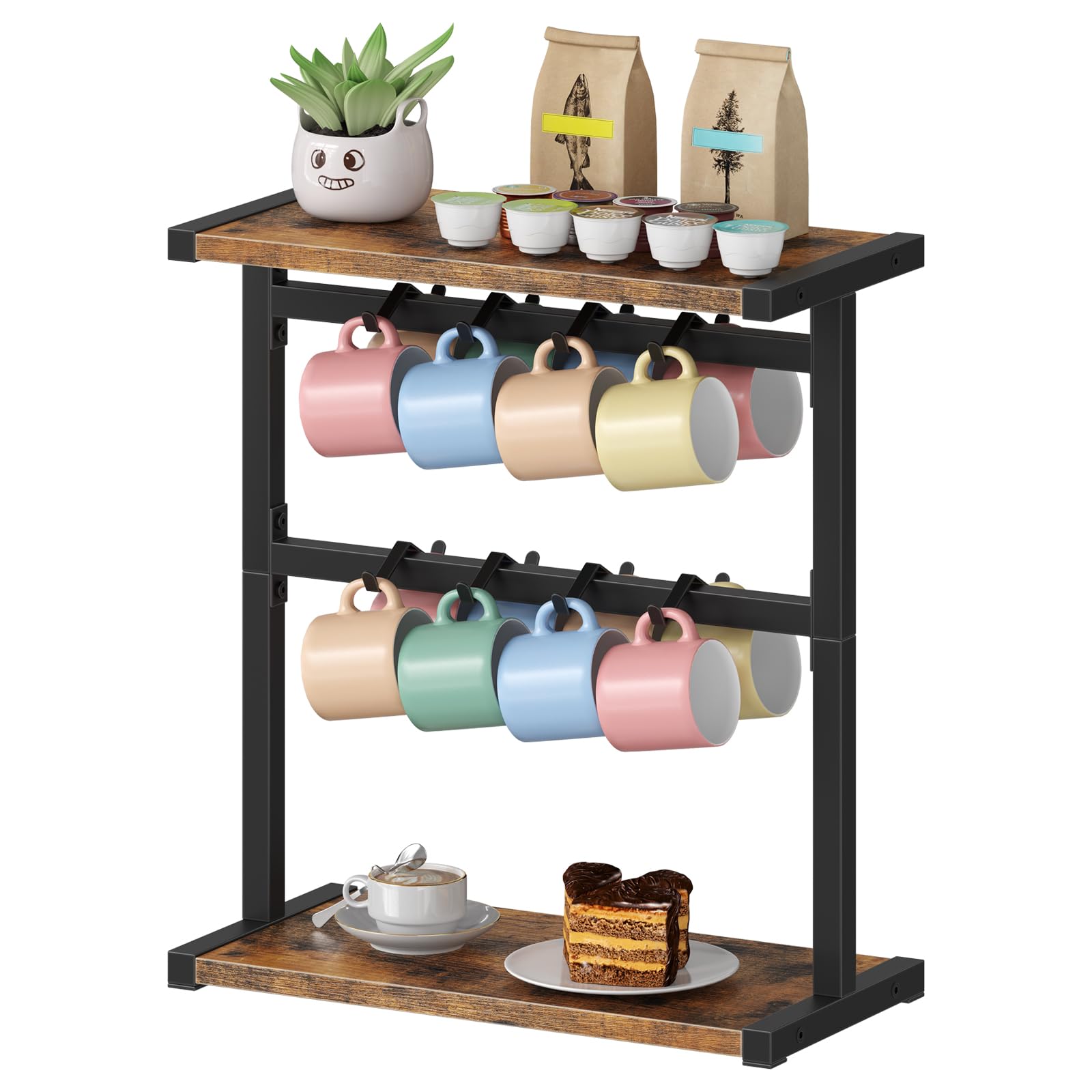 HOOBRO Porta Tazze da Caffè con 16 Ganci, Porta Tazzine da Appendere con 2 Ripiani in Legno, Supporto Tazze per Cucina e Piano di Lavoro, Marrone Vintage e Nero EBF35TL01