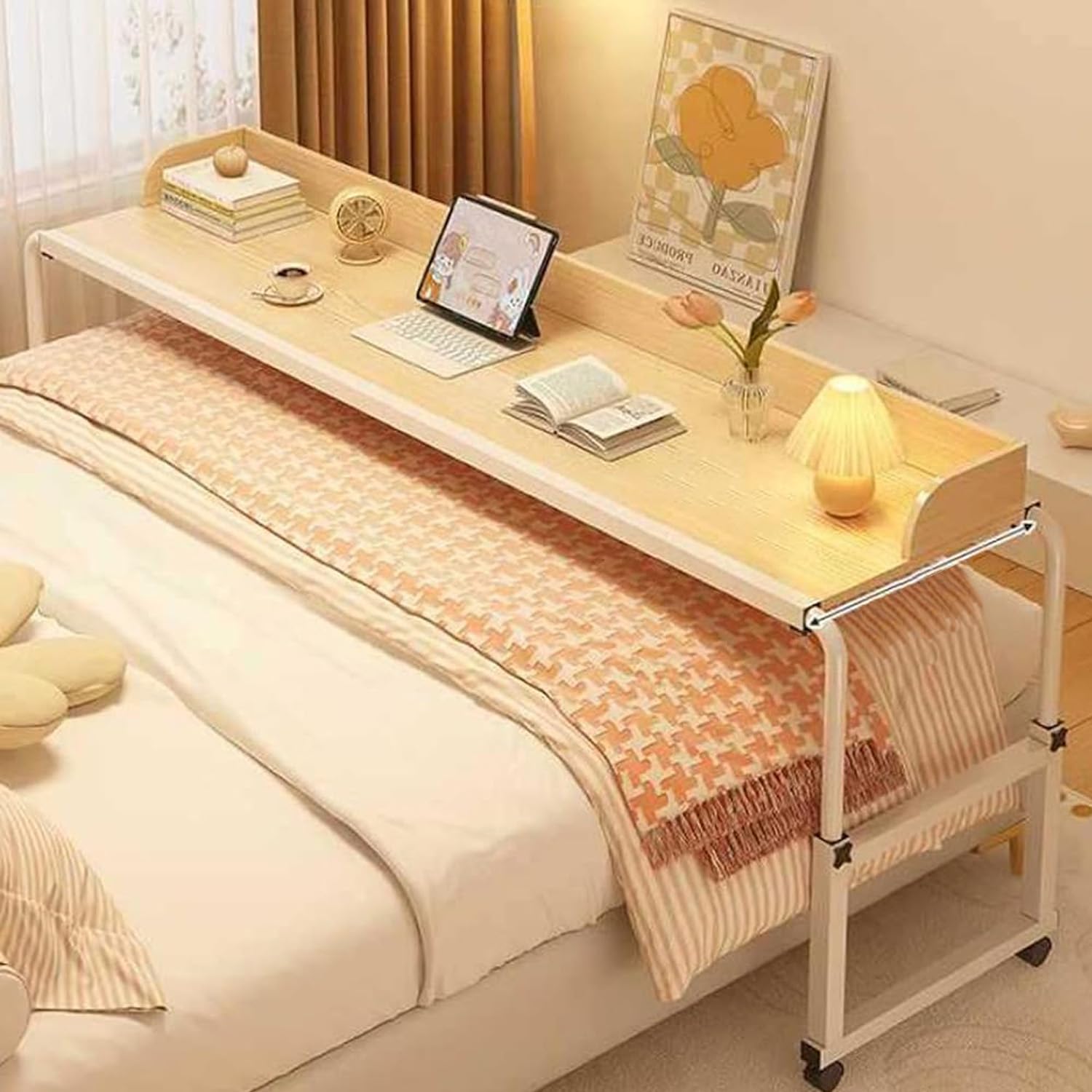 Mesas de Cama con Ruedas, mesas de Cama para Silla de Ruedas, portátil Grande, Bandeja de Desayuno Plegable, Escritorio de pie con Ruedas Ajustable con inclinación (Color: Blanco+)