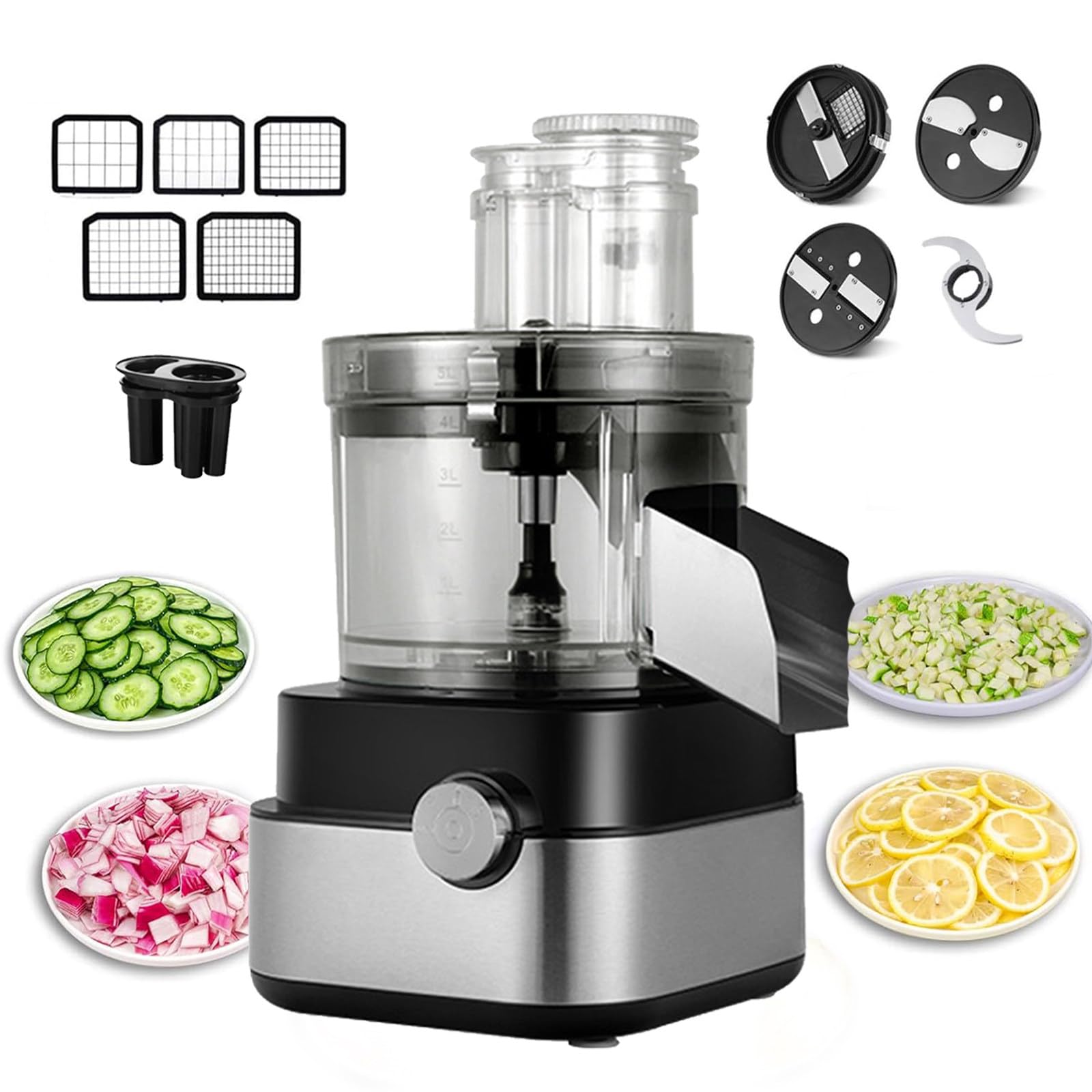 Tagliaverdure elettrico multiuso da 5 l, 5 lame intercambiabili (tritura/affetta/taglia a cubetti/macina), doppia velocità, attacco in acciaio inox, per verdure, frutta, carne, aglio, cipolla