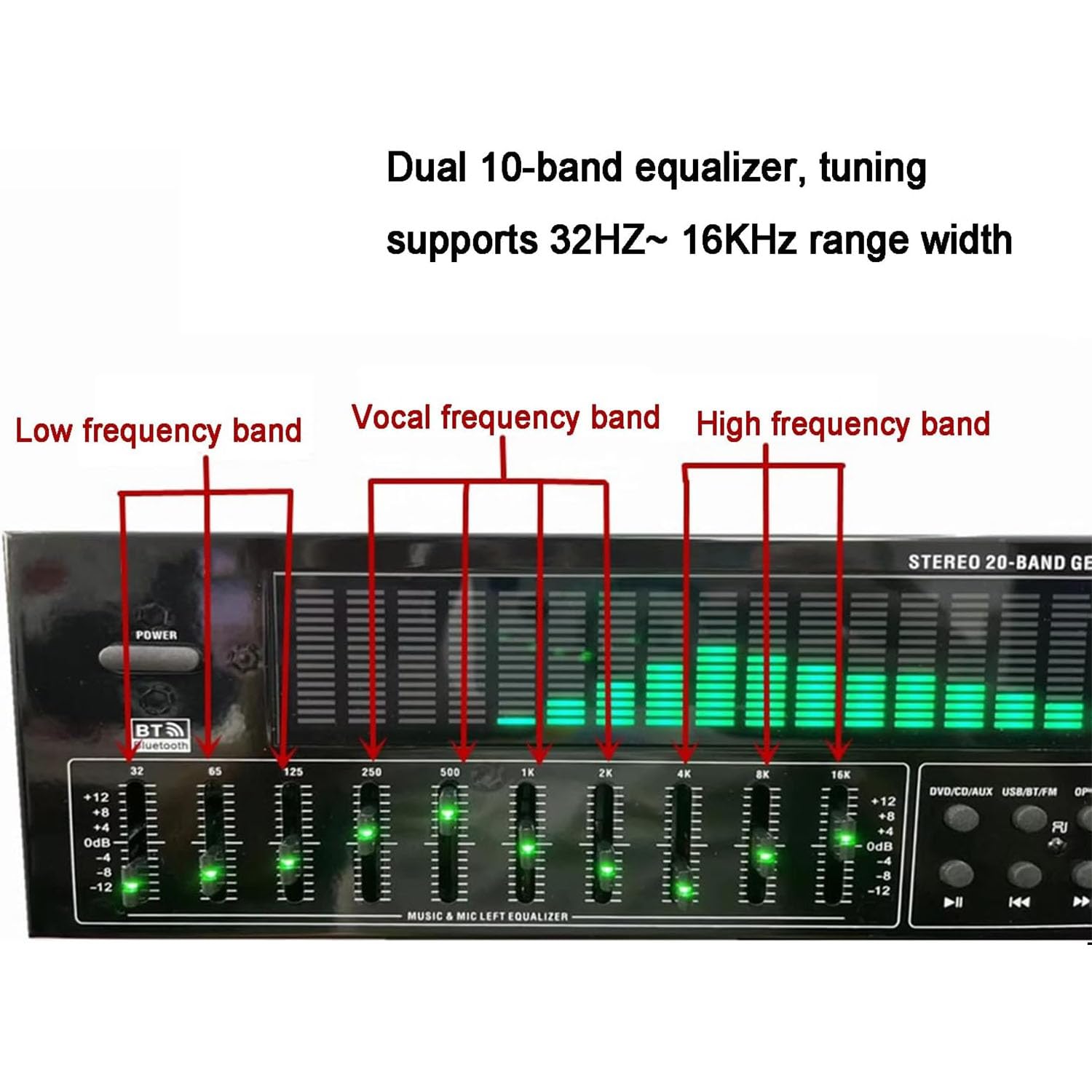 Égaliseur Numérique 31 Bandes, Égaliseur Graphique Audio Stéréo Avec Télécommande, 12 Modes Rythmiques Et Double Réglage Indépendant 10 Segments, Réduction Du Bruit Pour Studio D'enregistrement