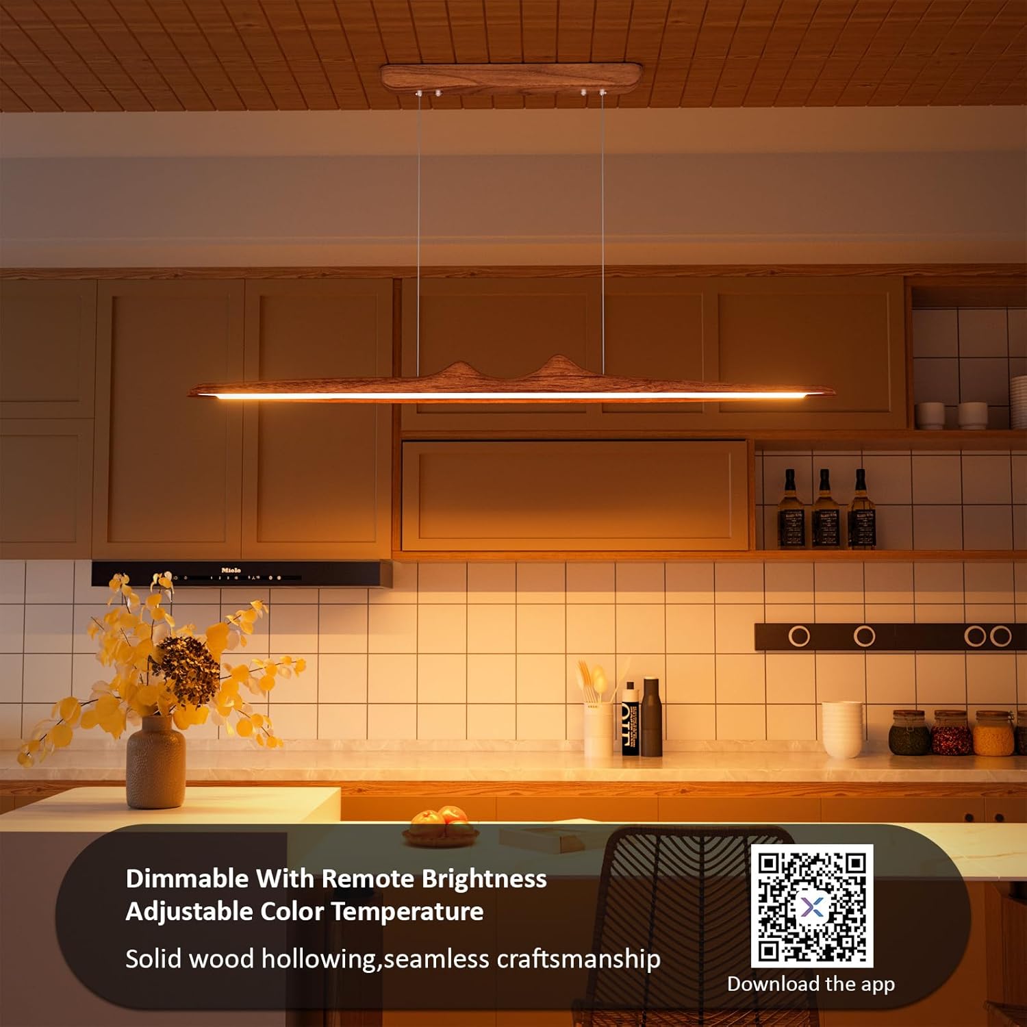 44" dimmable led pendant light with remote & app control – 30w led chandelier white ash wood (walnut finish), adjustable brightness & cct (3000k-6000k), ideal island lights for kitchen and home use