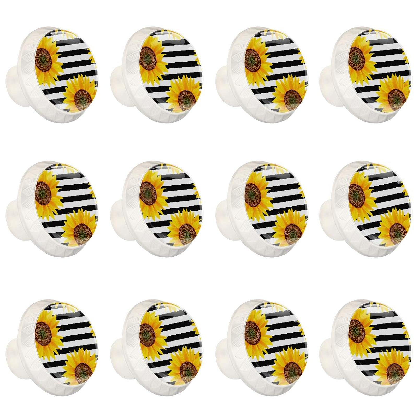 Boutons d'armoires de cuisine ronds à rayures et tournesols pour tiroir de meuble x12