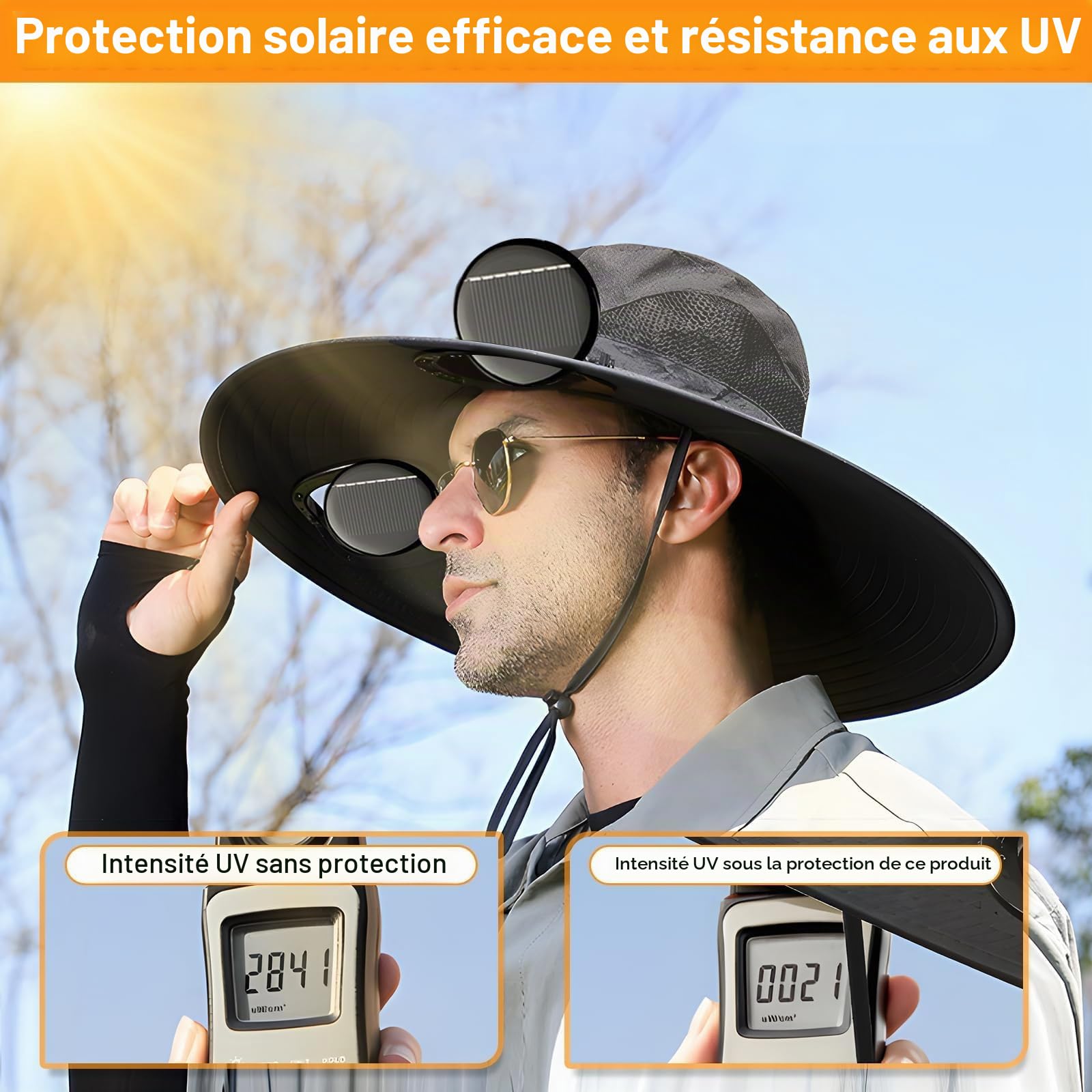 Chapeau de ventilateur à énergie solaire, chapeau de soleil d'extérieur 2025 à large bord avec 2 ventilateurs à énergie solaire pour adultes – Chapeau de pêche d'été avec protection UV