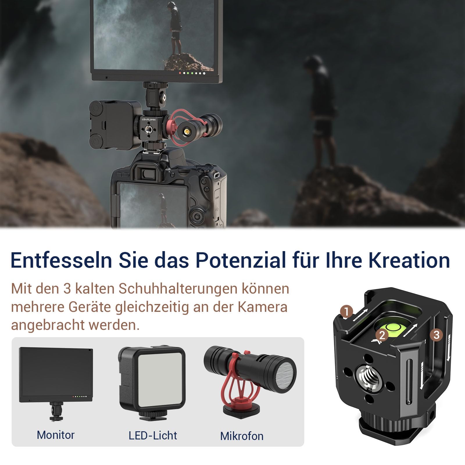 Cold Shoe Adapter, kaltschuhadapter mit 3/8''-Schraubenloch auf 1/4''-Schraubenloch, Aluminiumlegierung Hot Shoe Extension Bracke für DSLR Kamera Blitzlicht, Monitor, Mikrofon-Schwarz