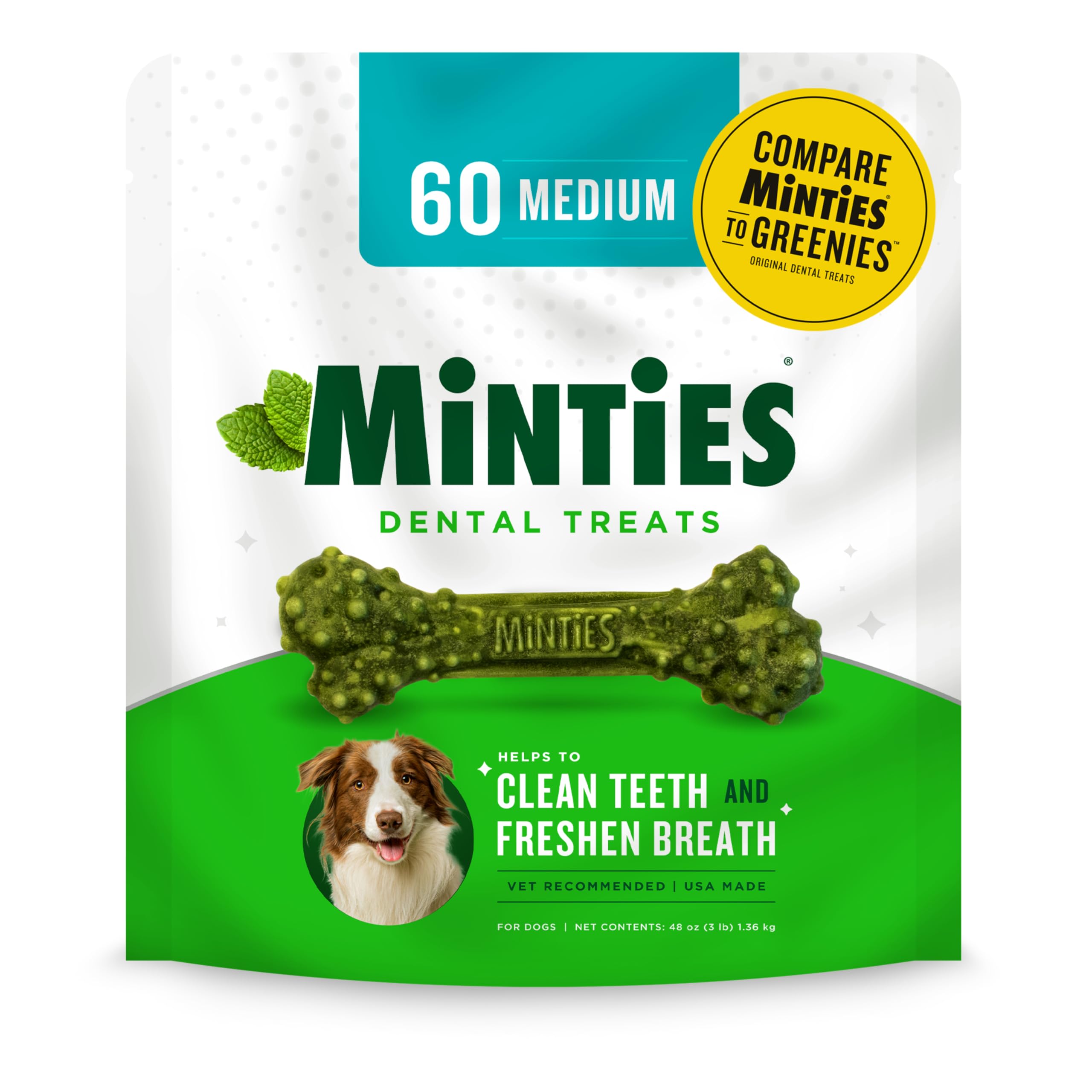 minties dental chews for dogs 60 count vet-recommended mint-flavored treats for medium dogs 25-50 lbs bones clean teeth fight bad breath and removes plaque and tartar