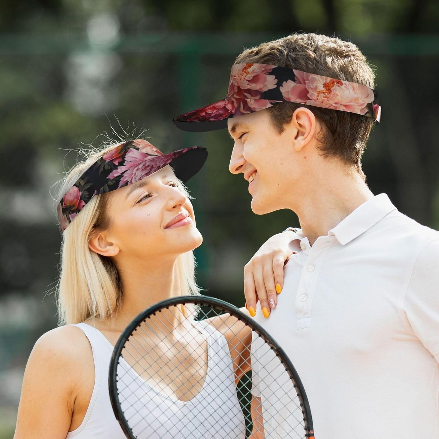 Garden Peony Print Sports Sun Visor Hats Adjustable Running Golf Tennis Sun Cap for Women Men Black