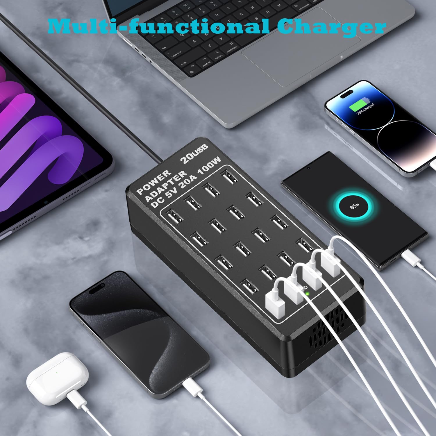 Caricatore USB, stazione di ricarica USB-A da tavolo a 20 porte, caricatore intelligente usb multifunzione da 100 W, compatible con iPhone 11/12/13/14/15/Samsung S22/S23/S24/Google Pixel/iPad/tablet