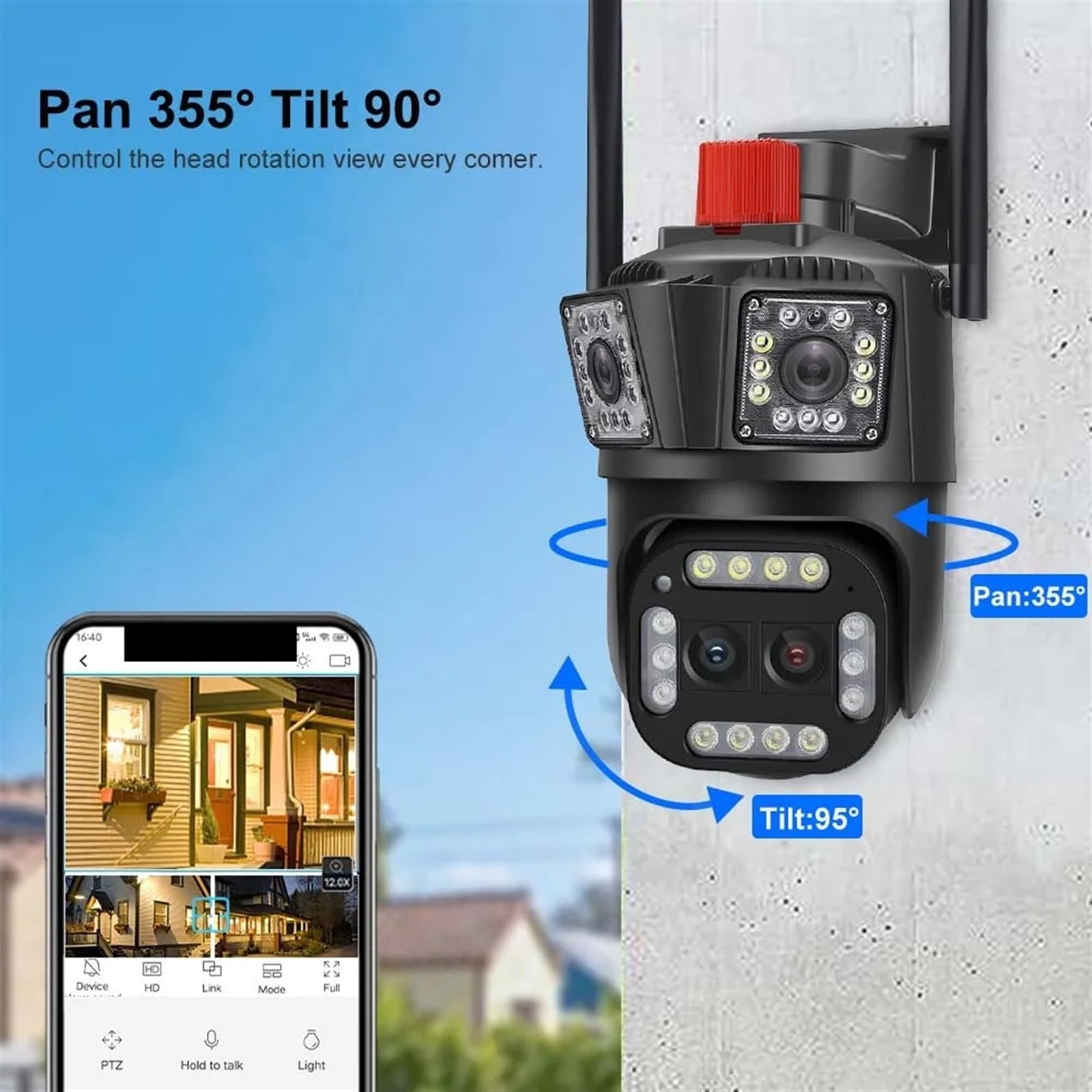 Kamera bezpieczeństwa, Kamera Wi-Fi 16MP 8K Zoom 12X Cztery obiektywy Zewnętrzna kamera PTZ Ochrona bezpieczeństwa Ai Śledzenie IP 4K Kamery monitorujące CCTV(8K 16MP No Card)