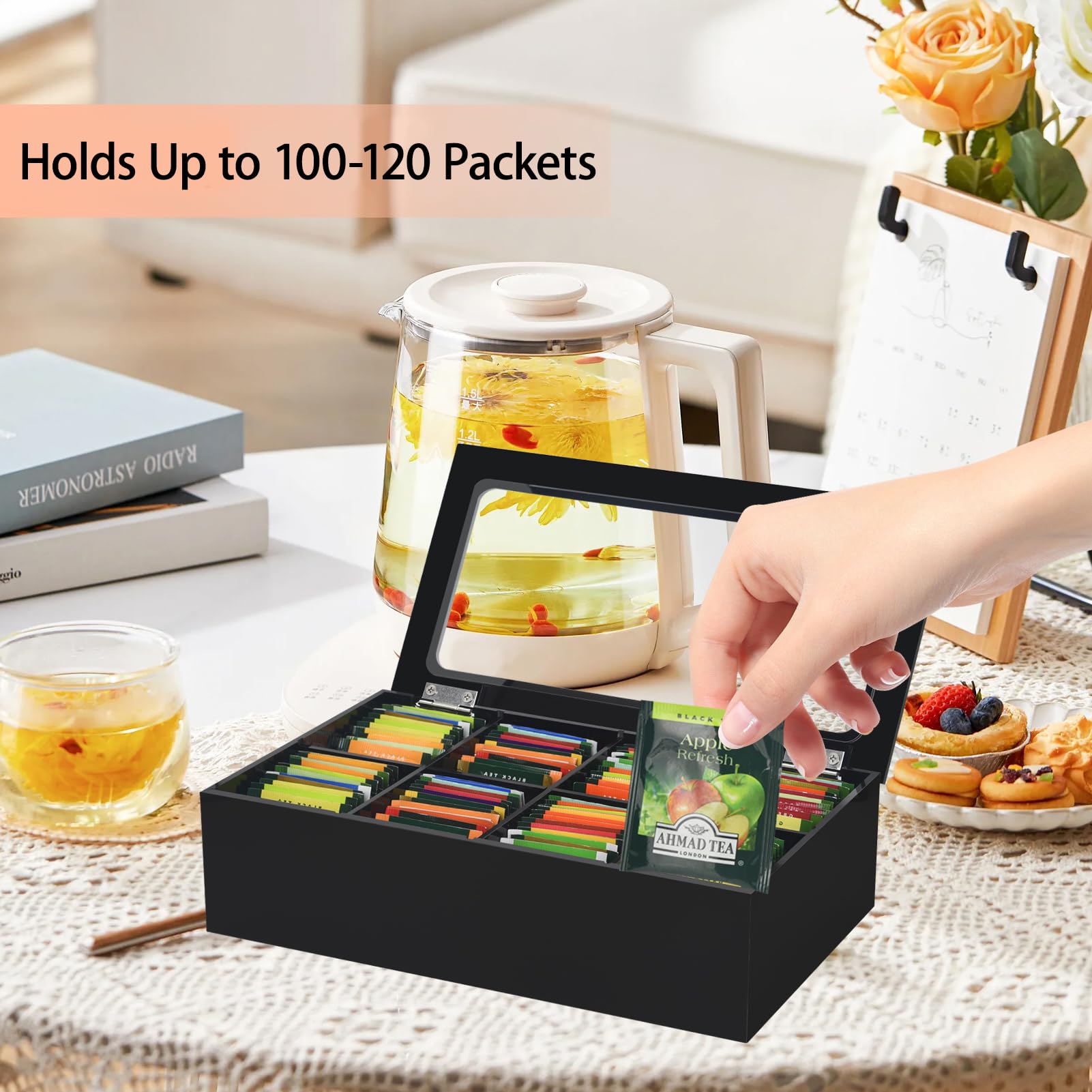 Tasybox Tea Bag Organizer, Acrylic Tea Box with Lid, Tea Packet Holder Storage Container for Home Decor