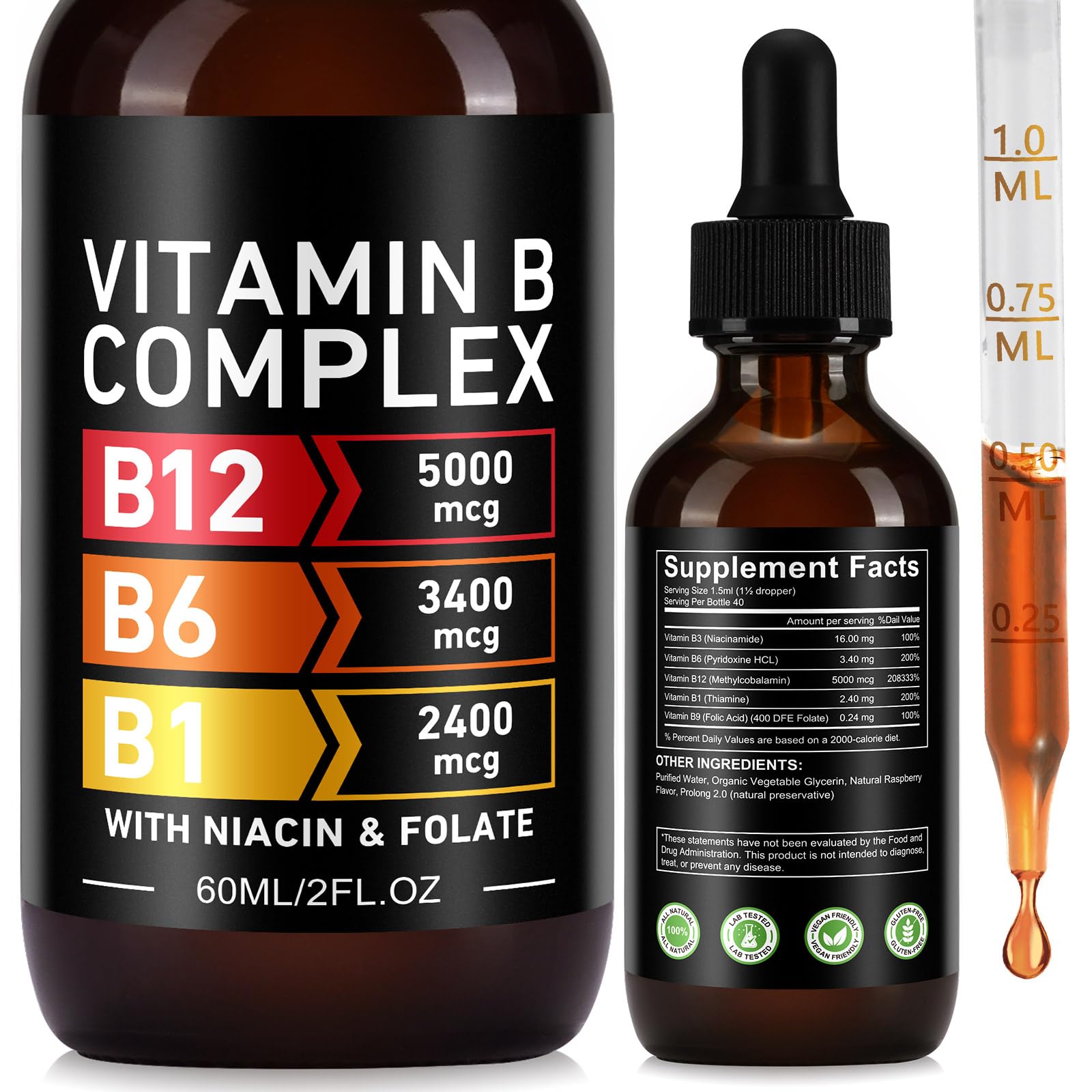 YLXYZUAD Vitamin B Complex Liquid Drops - Vitamin B12 5000mcg | B1, B3, B6, B9 | Niacin & Folate | 60ml (2 Fl Oz)
