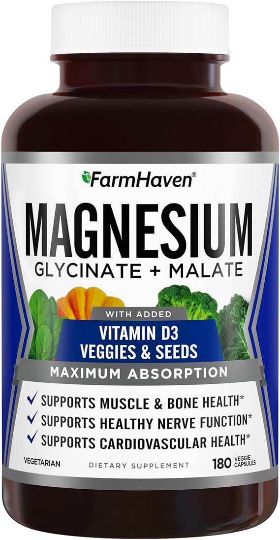 FarmHaven Magnesium Glycinate & Malate Complex w/Vitamin D3, 100% Chelated for Max Absorption, Vegetarian Bone Health, Nerves, Muscles, 180 Capsules, 90 Days