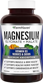 FarmHaven Magnesium Glycinate & Malate Complex w/Vitamin D3, 100% Chelated for Max Absorption, Vegetarian – Bone Health, Nerves, Muscles, 180 Capsules, 90 Days