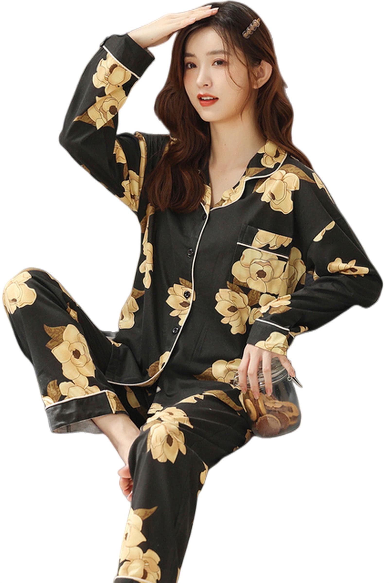MOGSA Pijama elegante para mujer, cuello abatible, pijama floral para mujer, otoño e invierno, ropa de dormir de algodón de punto para mujer, como se muestra, talla L, 50-60 kg