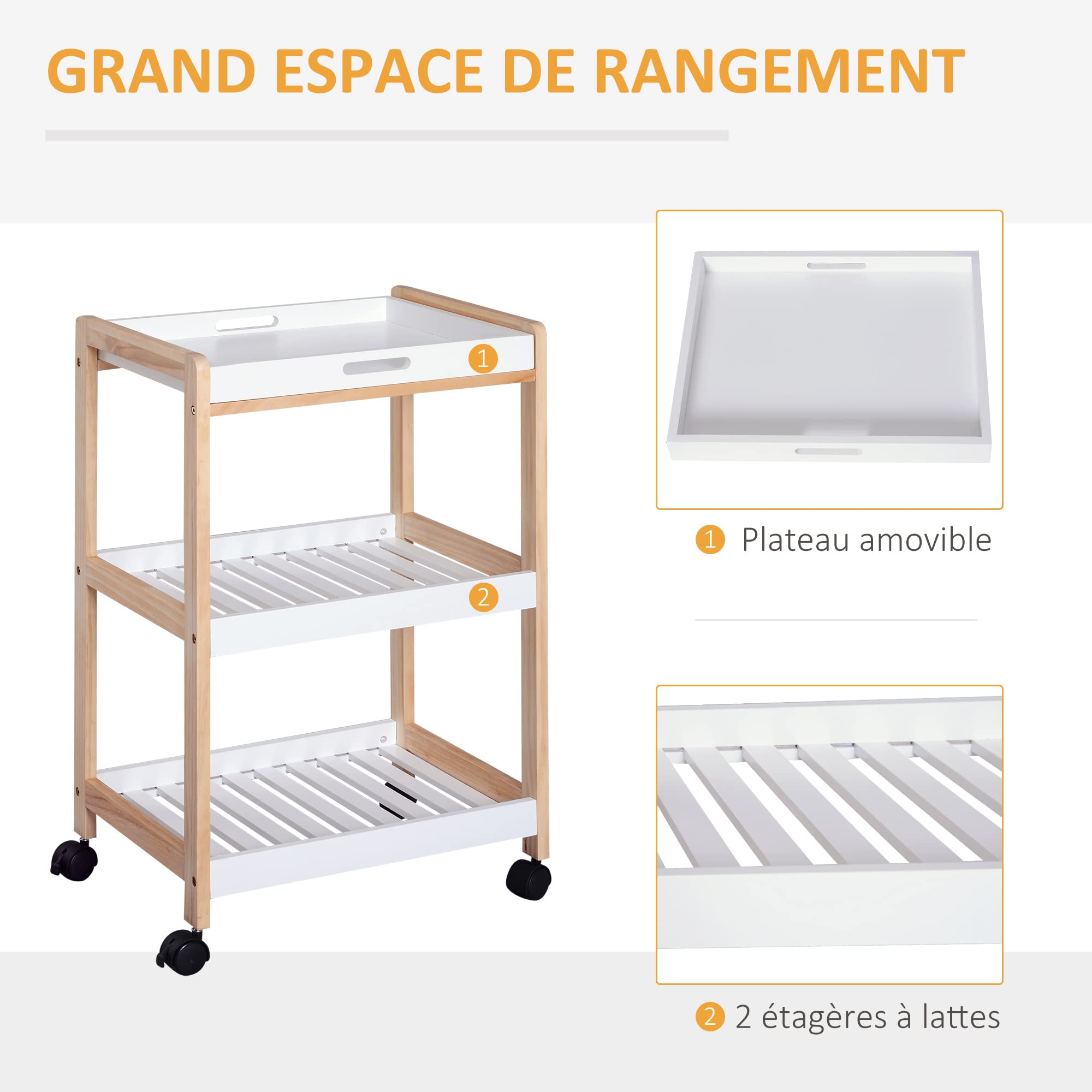 HOMCOM Chariot de Service Desserte de Cuisine à roulettes 2 Étagères Blanc | Plateau Amovible, Bois de Pin, MDF