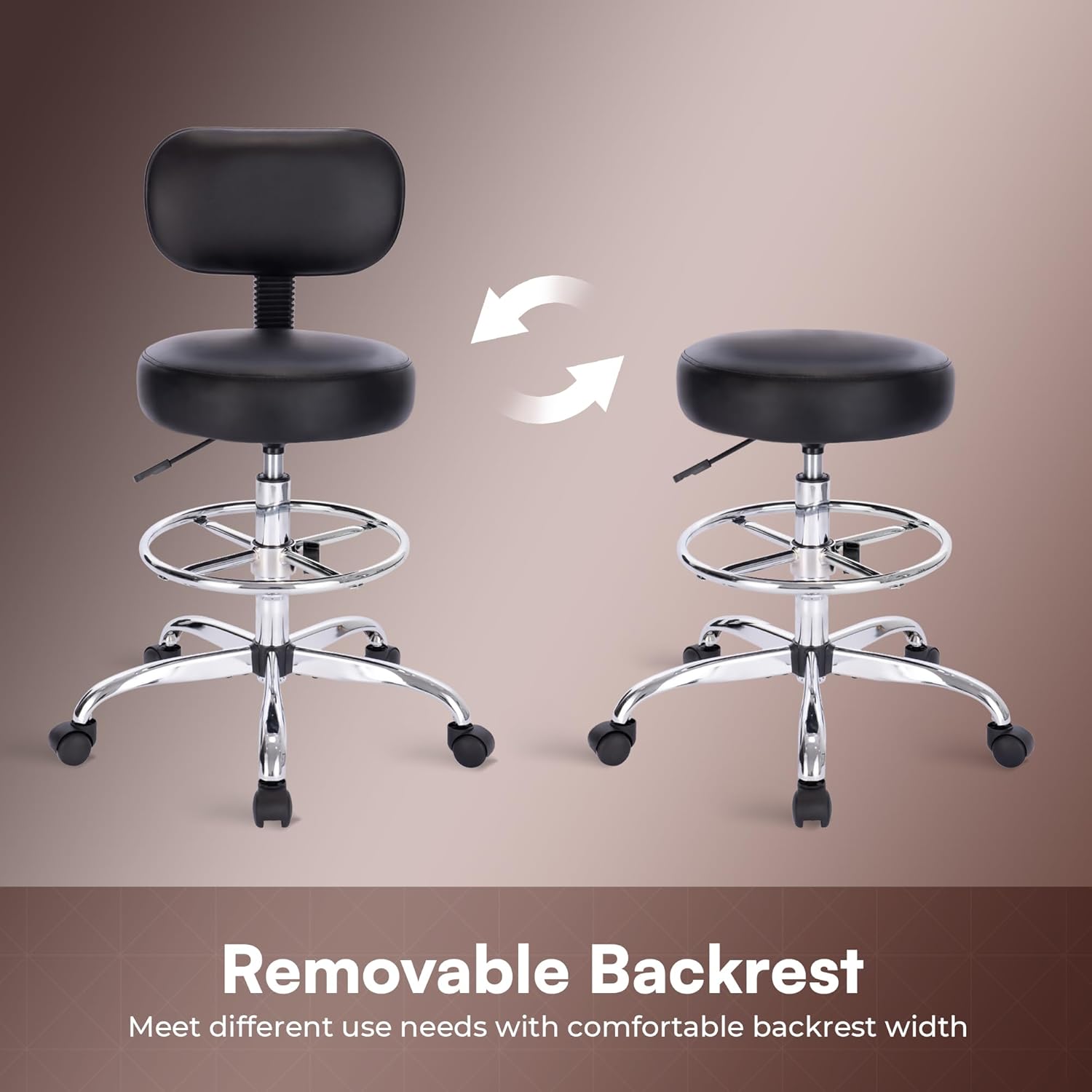 SUPERJARE Drafting Chair with Back, Adjustable Foot Rest Rolling Stool, Multi-Purpose Office Desk Chair, Thick Seat Cushion for Home Bar Kitchen Shop - Black