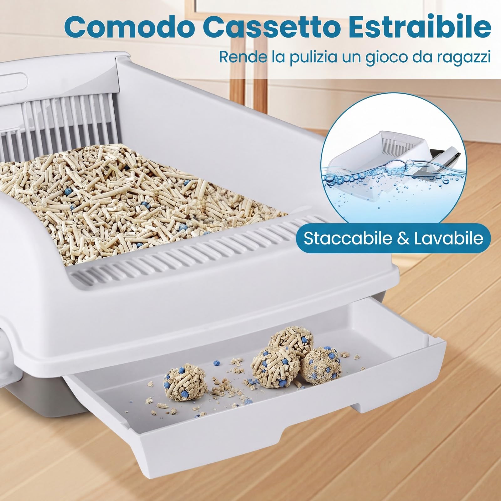 COSTWAY Lettiera per Gatti Semi-Automatica a Tetto Aperto, Toilette Antischizzo con Vassoio Estraibile a Cassetto, Paletta Scorrevole e Pedale Filtra Sabbia, Lettiera per Gatti fino a 10 kg (Bianco)