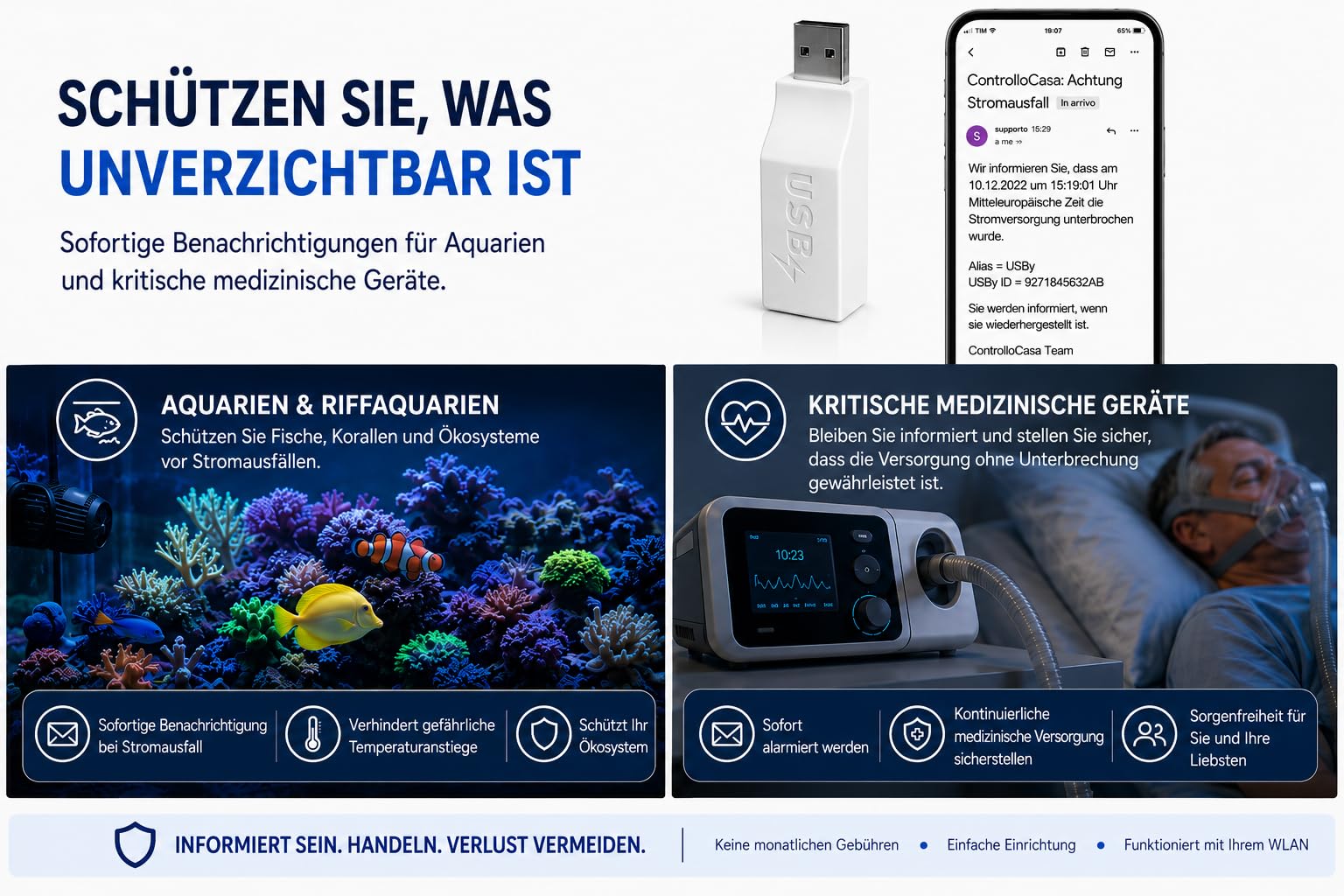 Stromausfall Melder | Stromausfall Alarm WLAN | Sofortige Warnung bei Stromausfall | Schutz für Gefrierschrank, Kühlschrank , Aquarium, Ferienhaus, Wohnmobil und Sicherheitssysteme | Ohne ABO