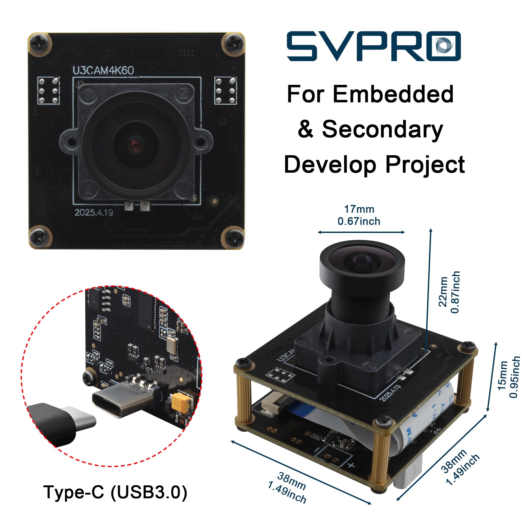SVPRO Caméra USB 3.0 4K 60pfs, IMX678 haute résolution avec objectif M12, UVC caméra d'ordinateur Plug and Play pour Windows, Linux, MacOS, Android (L39 -M12 (FOV 120°))