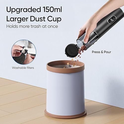 Miniatura 5 de Aspiradora de automóvil, aspiradora de mano de alta potencia de 15000 Pa, pantalla LED, 2 velocidades, tiempo de funcionamiento de 30 minutos, taza