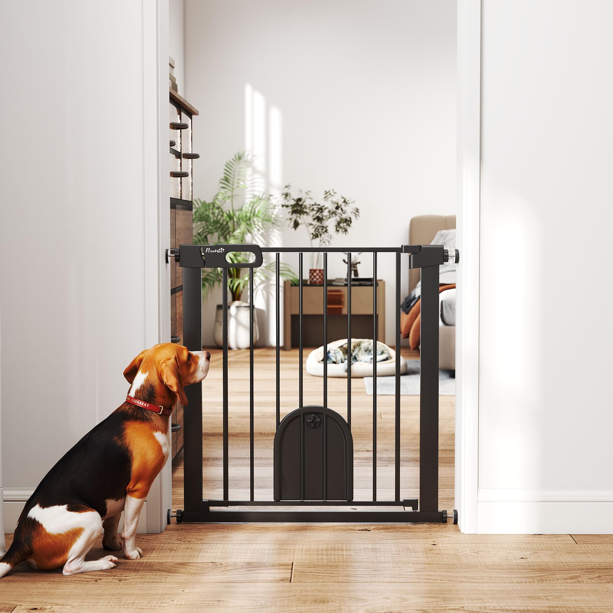 PawHut Barrière de sécurité Animaux de 76H cm barrière Chien Chat avec Porte Fermeture Automatique système de Double Verrouillage Fixation par Pression de 75 à 82 cm Acier et ABS Noir