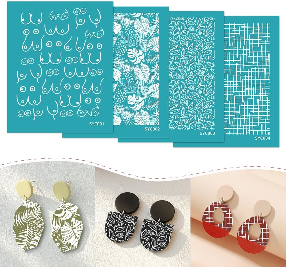 BAOFALI 4 Styles Screen Stencils for Polymer Clay Texture Sheet Reusable Silkscreen for Jewelry Polymer DIY Craft Earring Decoration Making Supplies 4.13x3.35 Inch