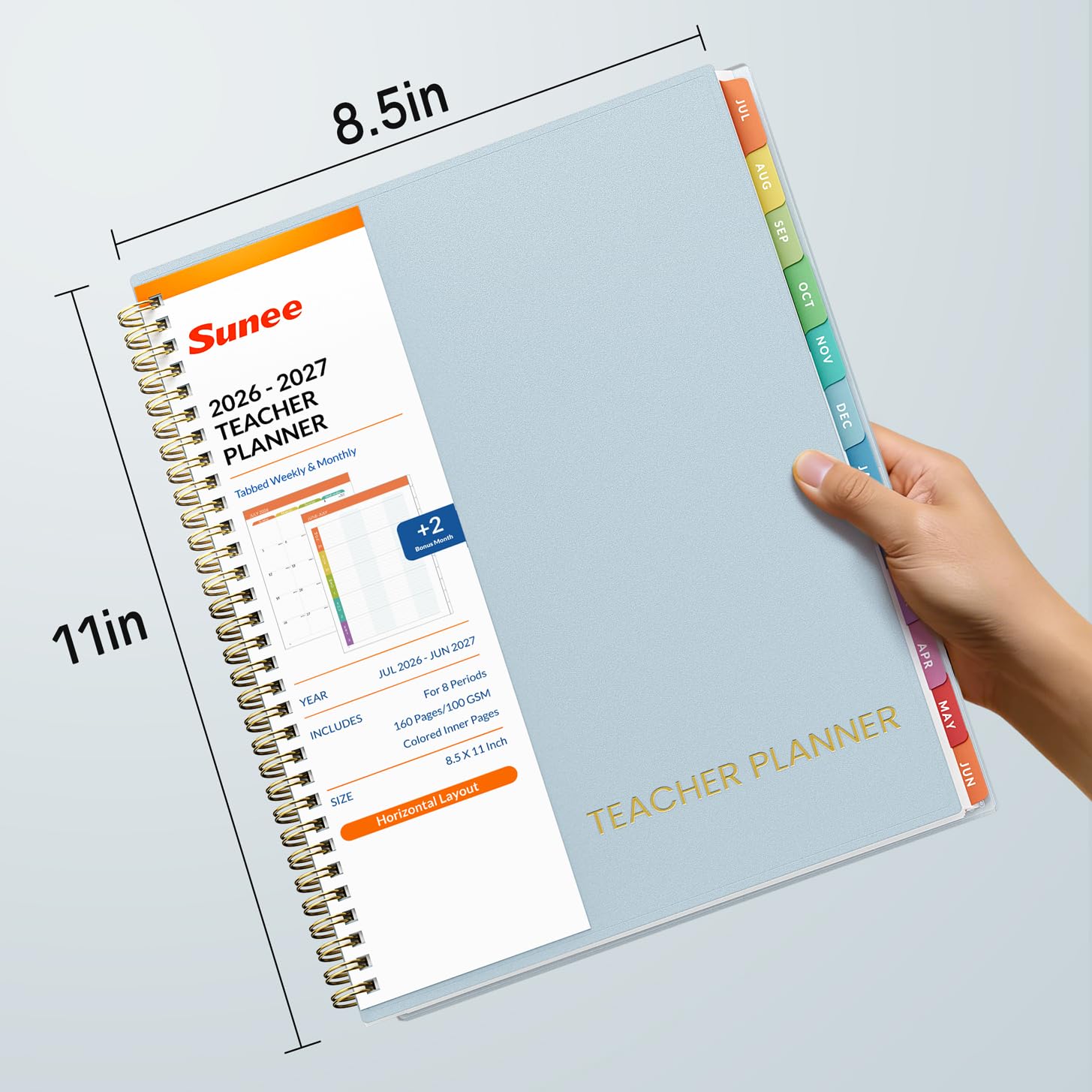 SUNEE Agenda per insegnanti 2026-2027, anno accademico, 8 periodi, pianificazione delle lezioni da luglio 2026 a giugno 2027, 21,6 x 27,9 cm, agenda settimanale mensile, layout orizzontale con