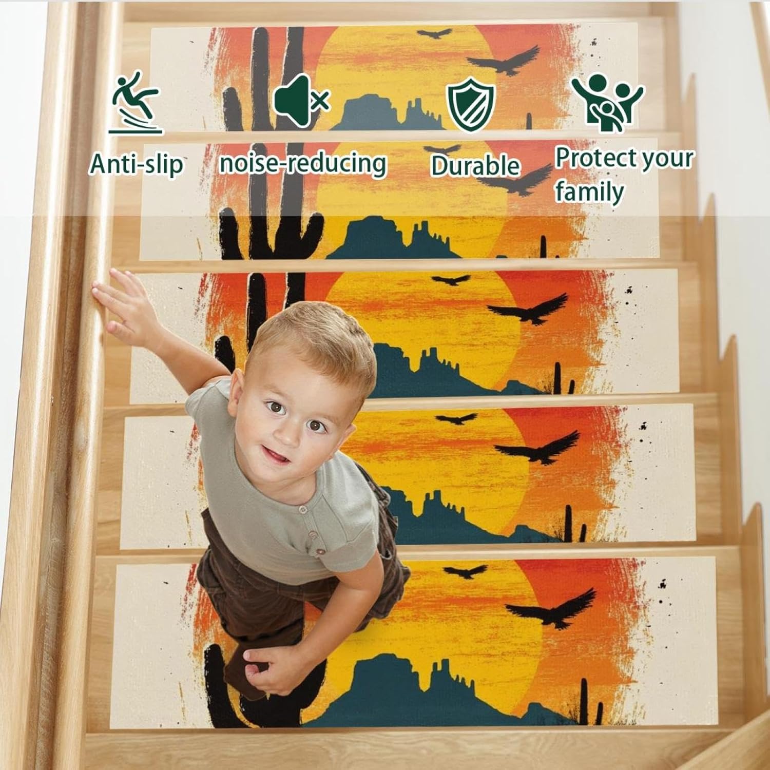 Sunset Wild Free Western Desert (3) Carpet Stair Treads, Stair Treads for Wooden Steps Indoor, Stair Runner for Pets Non Skid Wood Staircase Step Treads Reusable, Set of 15