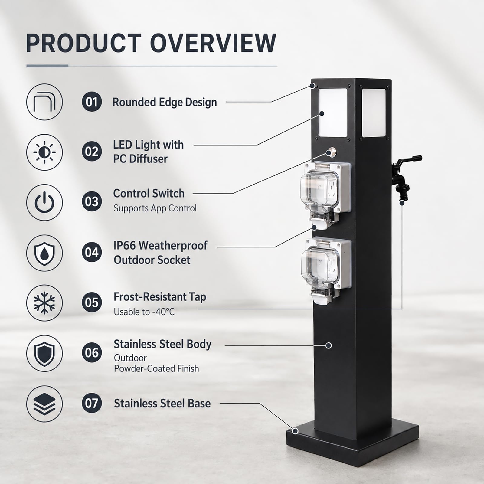 Colonnina da Giardino con Presa Ip66, Rubinetto E Luce LED, Acciaio Inox A600 3