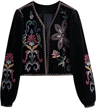Dawery Embroidery Jacket Women Velvet Cropped Coat Female Retro Boho Floral Autumn Casual Long Sleeve Black Outerwear