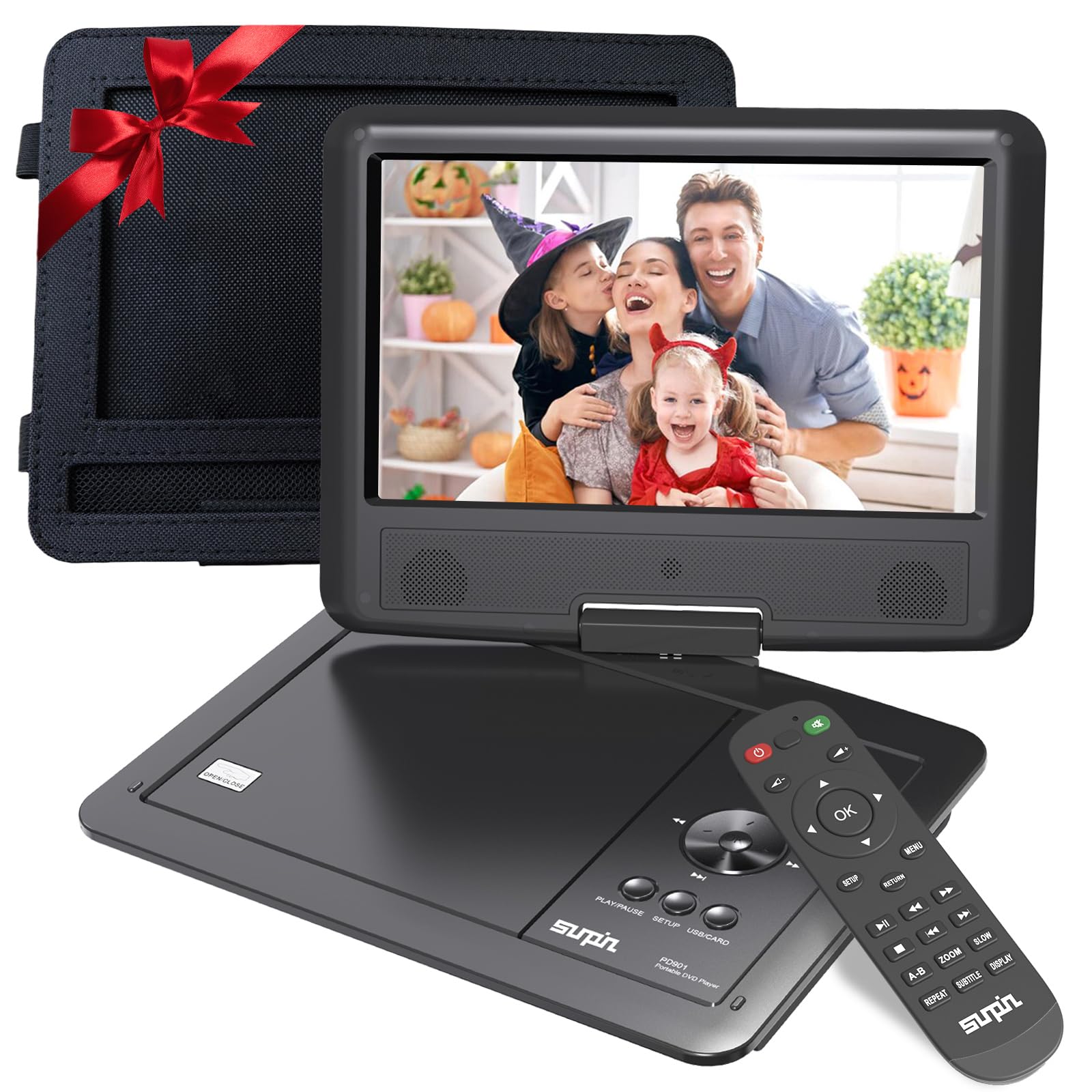 SUNPIN 11" Portable DVD Player for Car and Kids with 9.5 inch HD Swivel Screen, 5 Hour Rechargeable Battery, Dual Earphone Jack, Supports SD Card/USB/CD/DVD, with Extra Headrest Mount Case (Black)