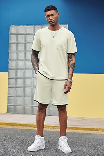 Miniatura 6 de COOFANDY Conjunto de Camisa y Pantalones Cortos Waffle para Hombre de 2 Piezas Conjuntos Casuales de Verano Chándales con Bolsillos