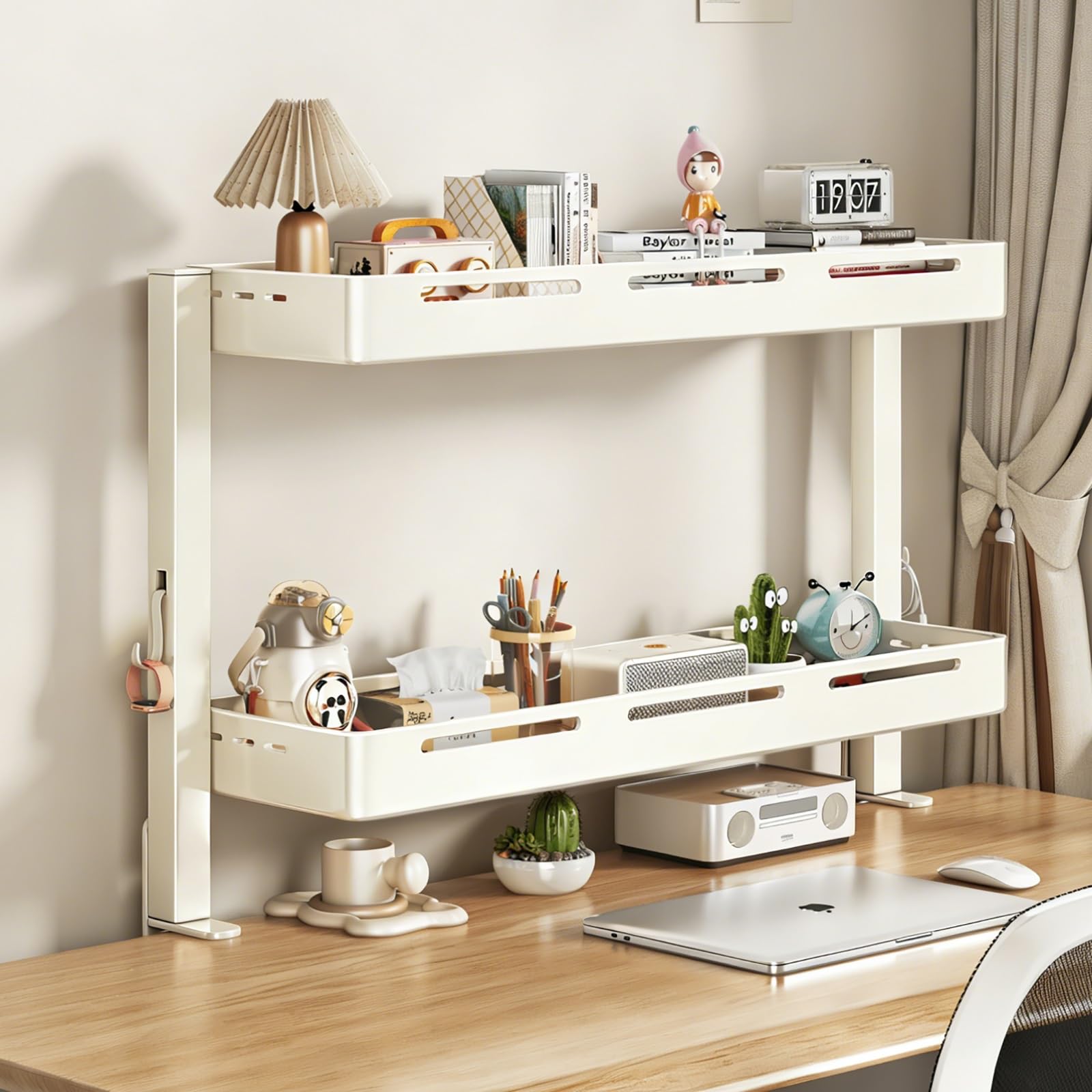Klemmbares Schreibtischregal Organizer, 2-stufiges Büro Desktop Bücherregal, Metall Aufsatzregal Platzsparend, Ablageregal für Zuhause, Wohnheim und Bürobedarf(White,L46cm/18in)