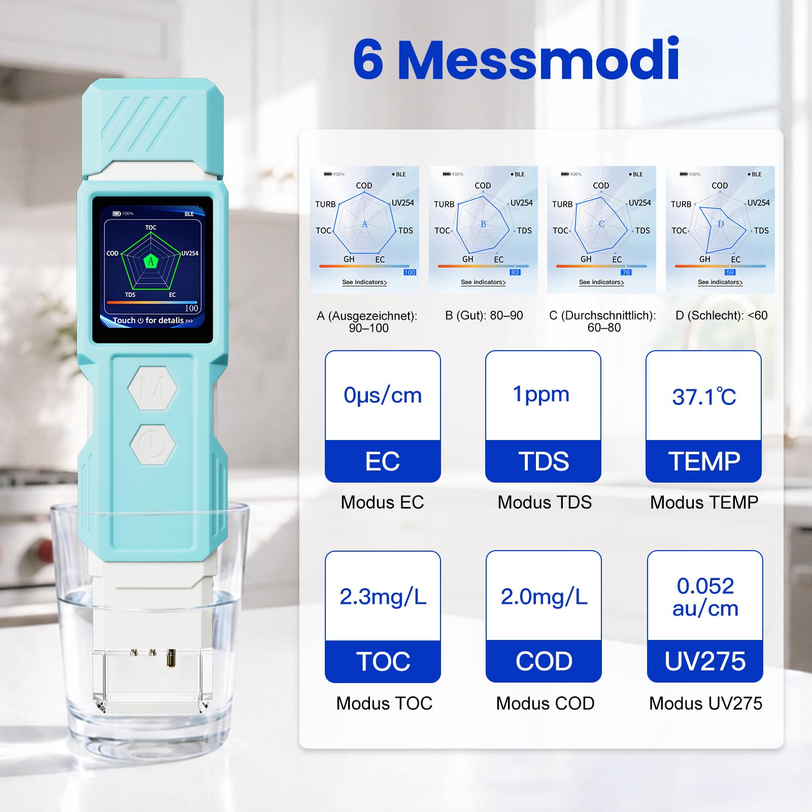 Tester dell'acqua potabile 6 in 1, tester digitale per acqua potabile TDS, EC, temperatura, TOC, COD, UV245, tester di qualità dell'acqua per acqua di rubinetto, acqua di pozzo, filtro RO