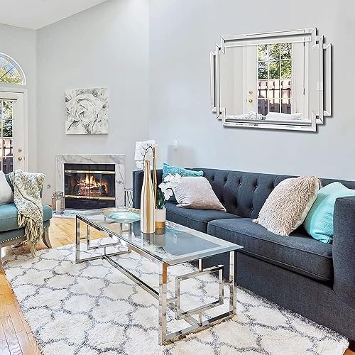 Miniatura 9 de Espejo de pared decorativo de 28 x 40 pulgadas para decoración, espejo de baño grande con piezas de vidrio y borde biselado, espejo rectangular