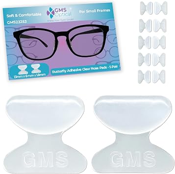 GMS Optical Adhesive Silicone Nose Pads for Glasses | 1.8mm Reg-Thin 13mm Small | Non Slip Glasses Grips for Sunglasses w/Super Sticky Backing, Butterfly Shape for Kids & Small Frames 5 Pairs Clear
