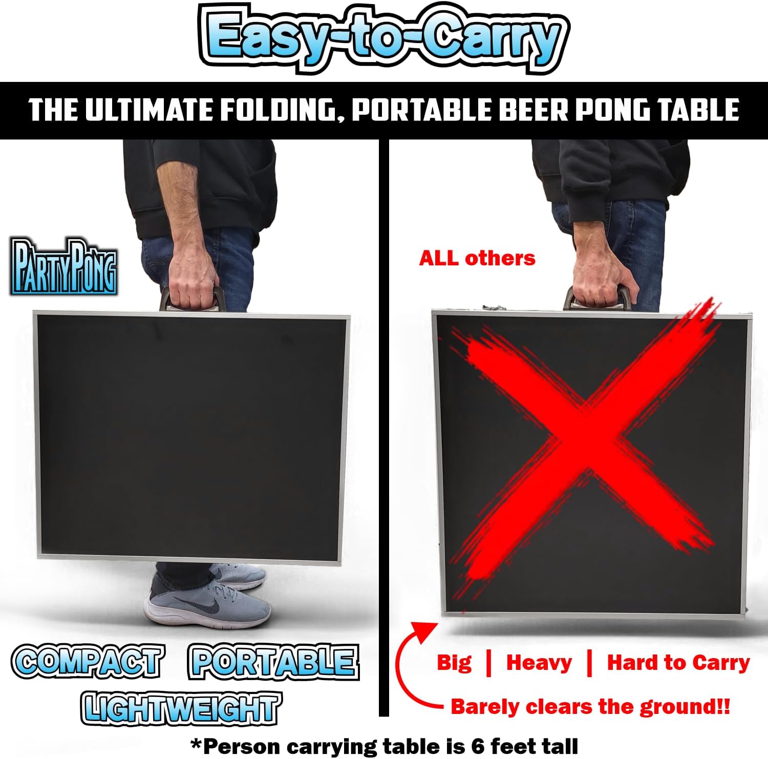 PartyPong 8-Foot Folding Beer Pong Table w/Cup Holes - Stealth Edition