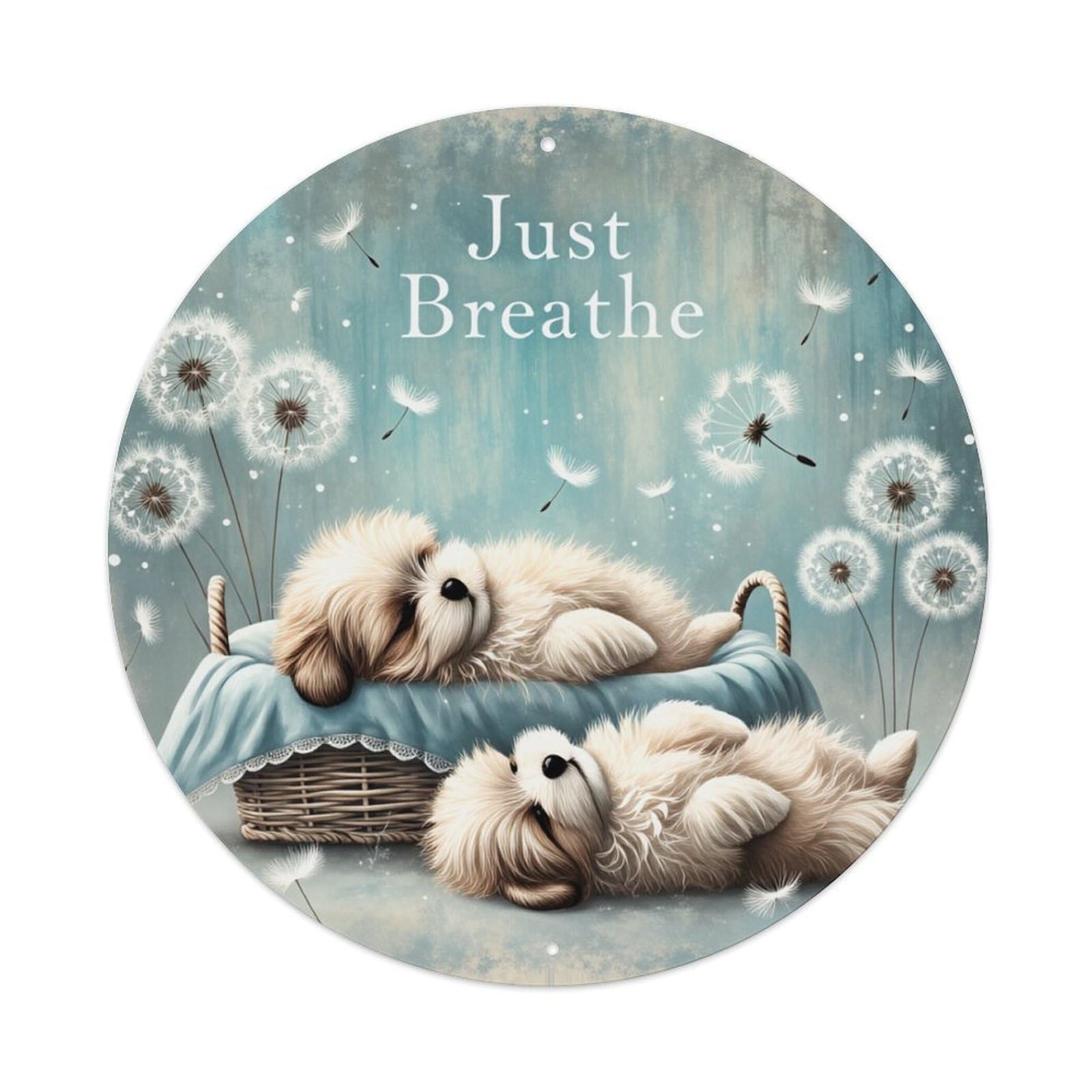 Cute Puppies Dandelions Basket Round Tin Sign Retro Metal Sign for Cafe Bar Pub Home Game Room Gym Club Wall Decoration Vintage Metal Poster 8x8 Inch