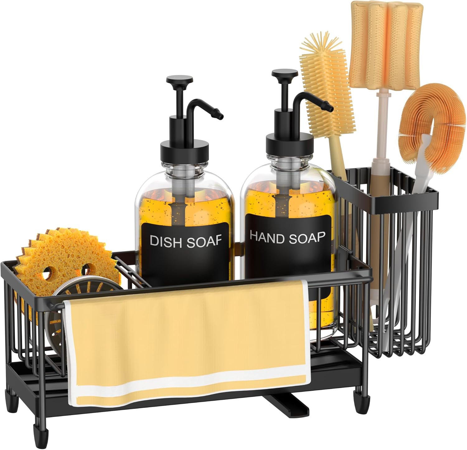 Kitchen Soap Dispenser Set with Sponge Holder and Towel Rack, 17OZ Glass Bottle, Hand and Dish Soap Dispenser Set, Non-Slip Silicone Pad, Brush Holder, Kitchen Sink Caddy Organizer Countertop