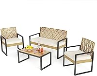 Vista 12 de PHI VILLA Juego de muebles de mimbre de patio para 4, sofá biplaza y sillas de ratán marrón con cojines beige y mesa de centro de madera de acacia