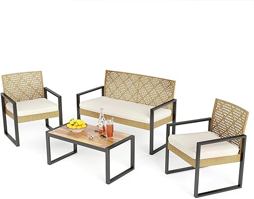 Miniatura 12 de PHI VILLA Juego de muebles de mimbre de patio para 4, sofá biplaza y sillas de ratán marrón con cojines beige y mesa de centro de madera de acacia