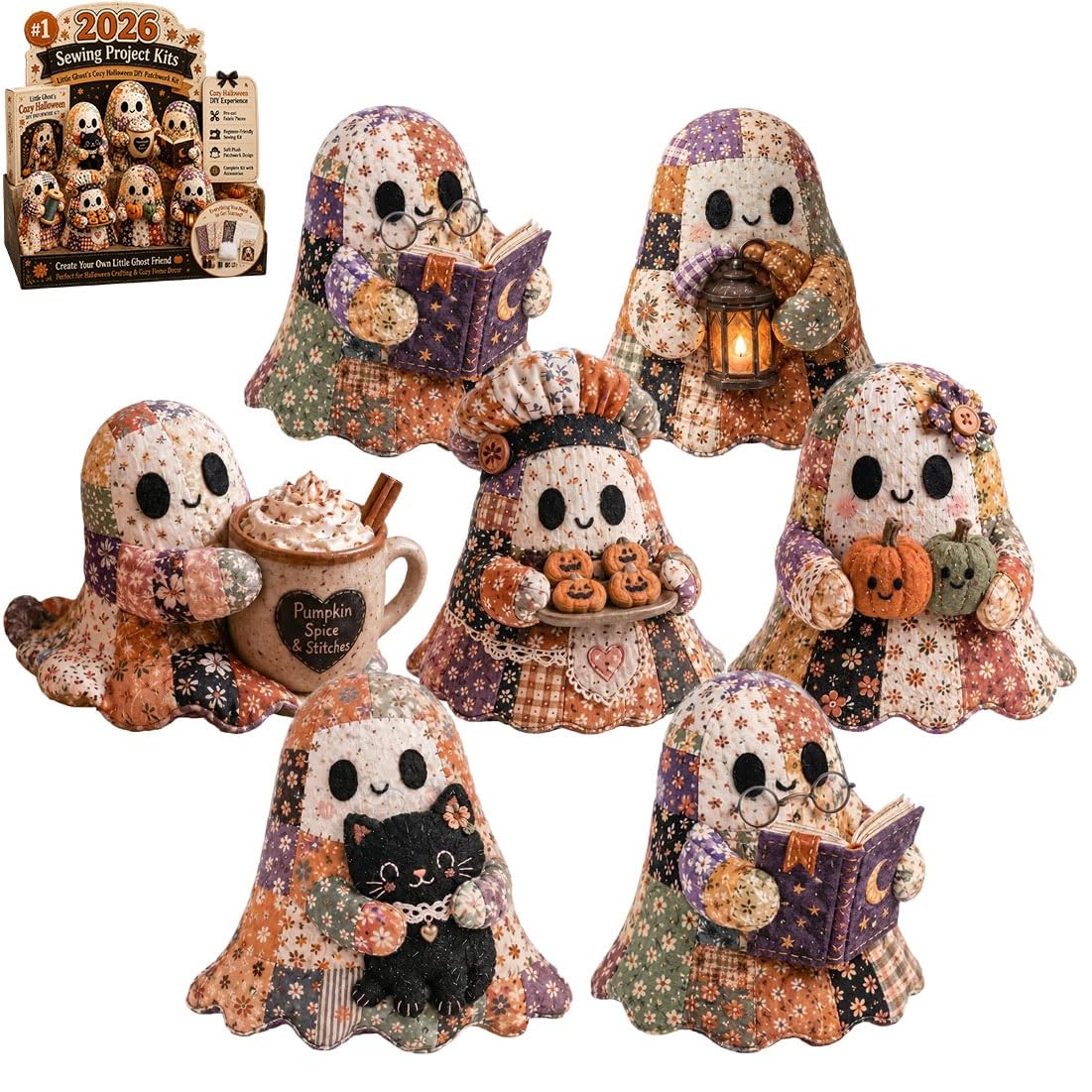 Little Ghost's Cozy Halloween DIY Patchwork Kit, Adorno de decoración Hecho a Mano, Regalo con Tela precortada, Kit de artesanía de Costura de Felpa de Fantasma Lindo Retro