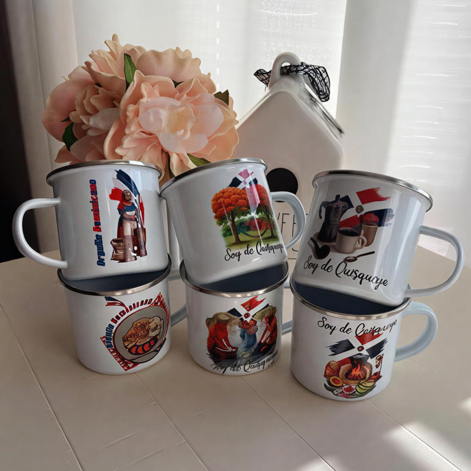 Coloch 6 Stück Sublimationstassen aus weißer Emaille, 340 ml, Kaffeetassen mit silberfarbenem Rand, Camping-Reisebecher, Vintage-Teetasse für Vatertag, Erntedankfest, Abschlussfeier, Geschenk