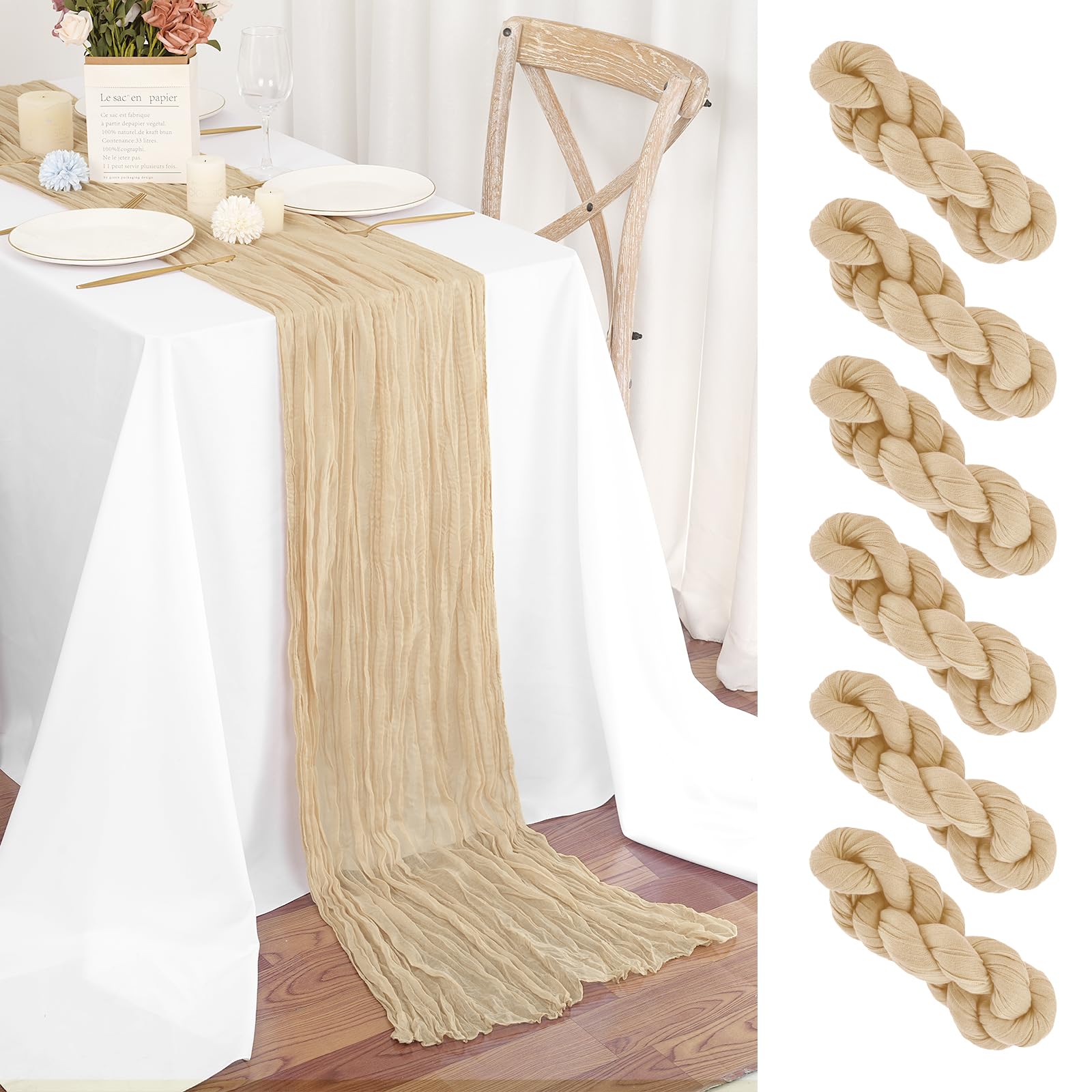 Teruntrue 6 Pack Beige Cheesecloth Table Runner 55x300 cm Boho Gauze Cheese Cloth Table Runner for Wedding Party Baby Bridal Shower Birthday Decorations — image 1