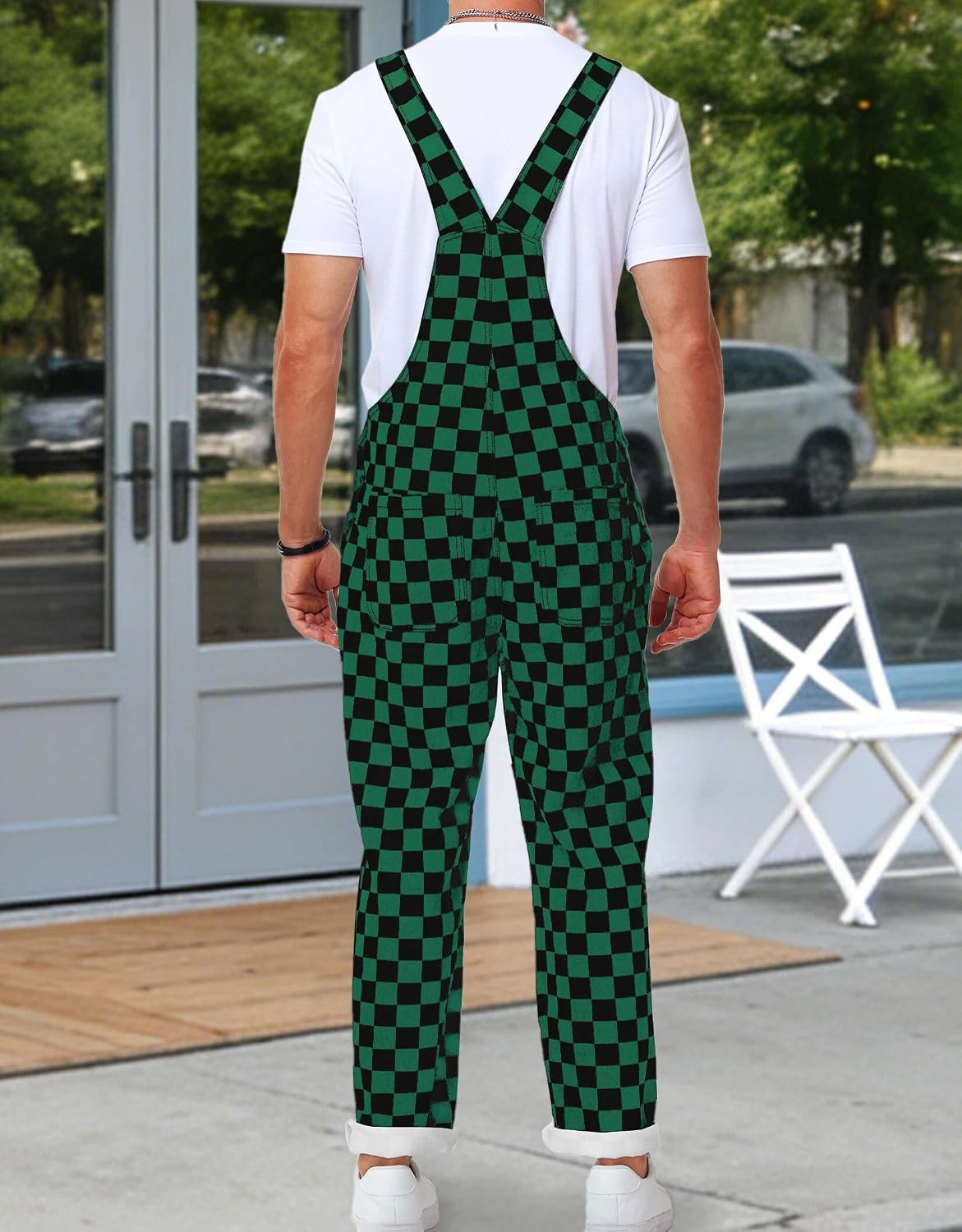 Mens Checkered Overalls Bib Coveralls Denim Straight Pants Cotton Casual Jean Jumpsuits