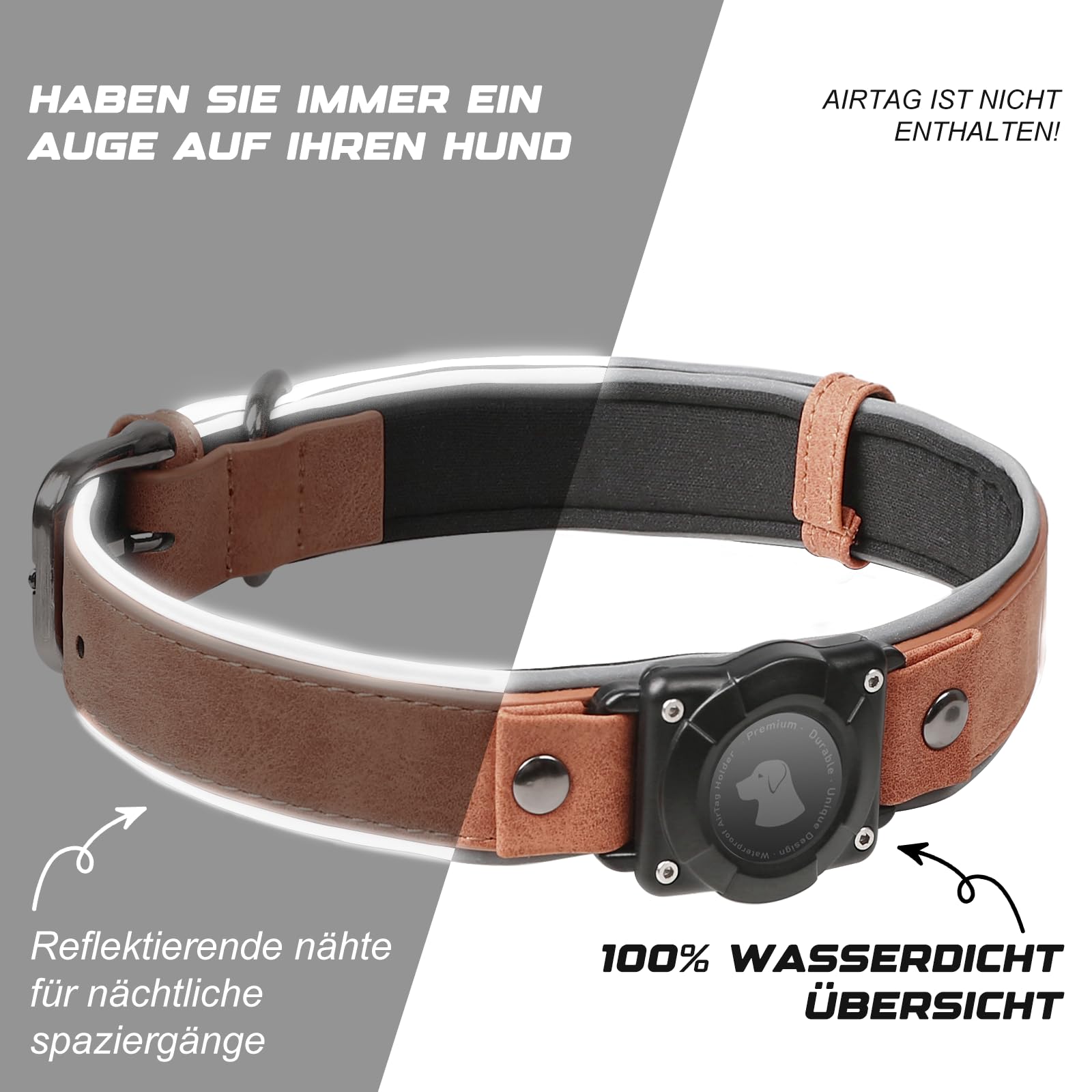 Halsband Hund Leder mit Air Tag Halter, Airtag Hundehalsband IPX8 Wasserdicht, Handgefertigt, Weich und Bequem, Reflektierend, Verstellbare Polsterung, Geeignet für Mittlere Große Hunde (Braun, XL)