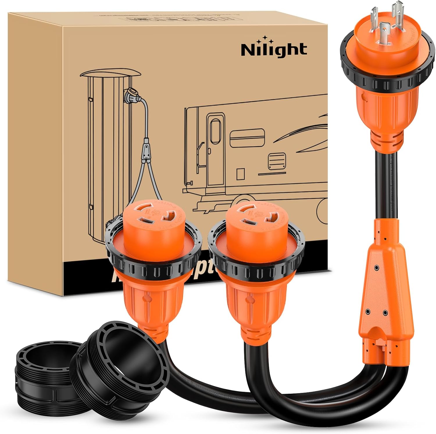 Nilight 30 Amp to 30Amp RV Power Adapter NEMA L5-30P to 2× L5-30R Marine Shore Y Splitter Cord w/Locking Rings Pure Copper Heavy Duty 10 AWG Cable ETL-Listed for RVs Boat Yacht Camper Outdoor Use