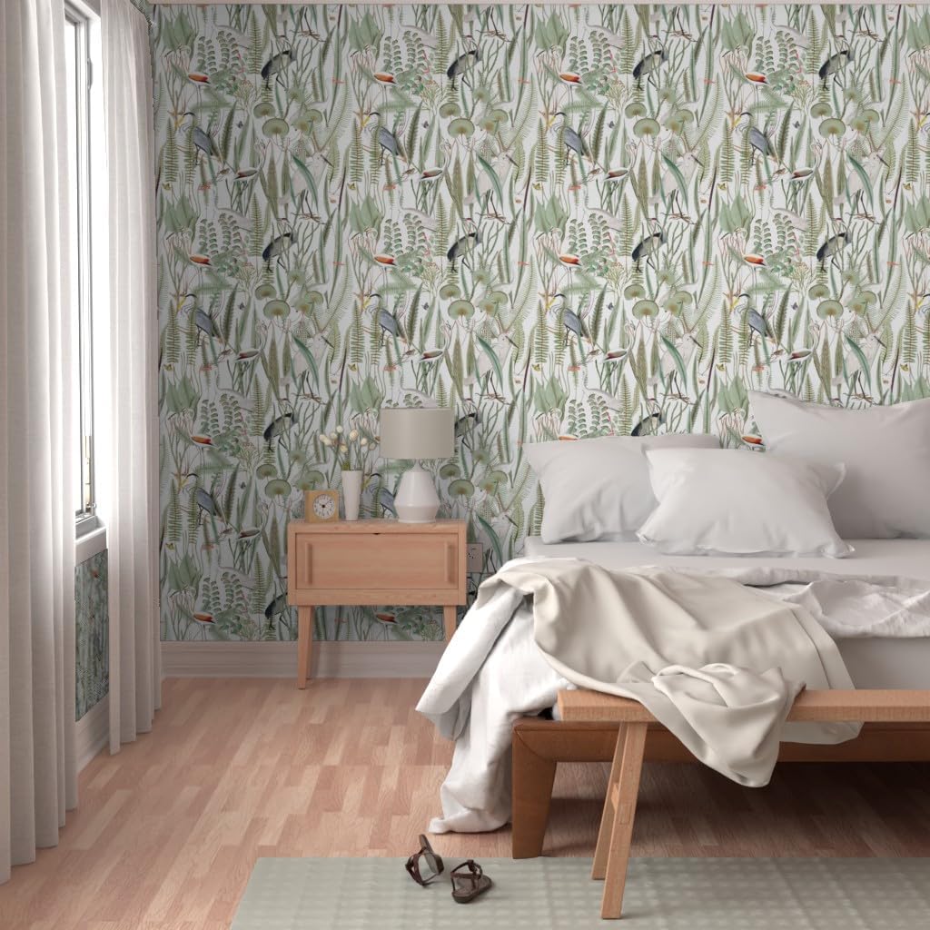 Spoonflower Peel & Stick Wallpaper 3ft x 2ft - Coastal Birds Large Scale Egret Herons Lake House Green White Jade Custom Removable Wallpaper